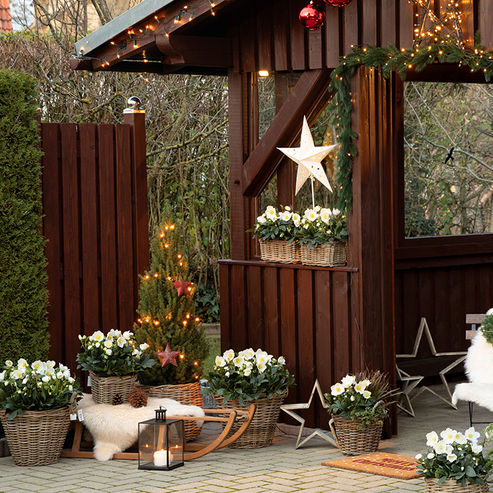 Geschmückt mit Lichterketten, Tannengrün, Kerzengestecken und Weihnachtskugeln verwandelt sich das Gartenhaus in eine Weihnachtsmarkthütte.